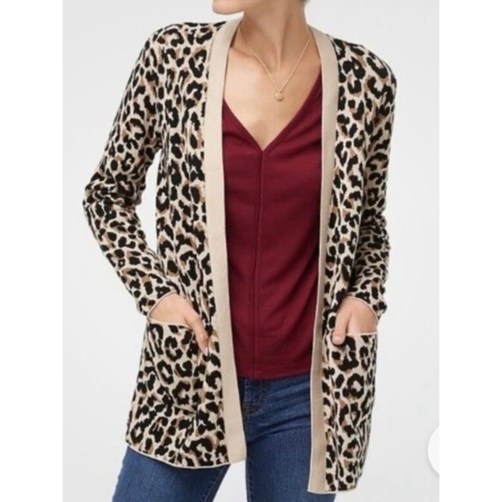 J.Crew‎ Womens Leopard Print Cotton Open Front Cardigan Sweater Tan Black Small